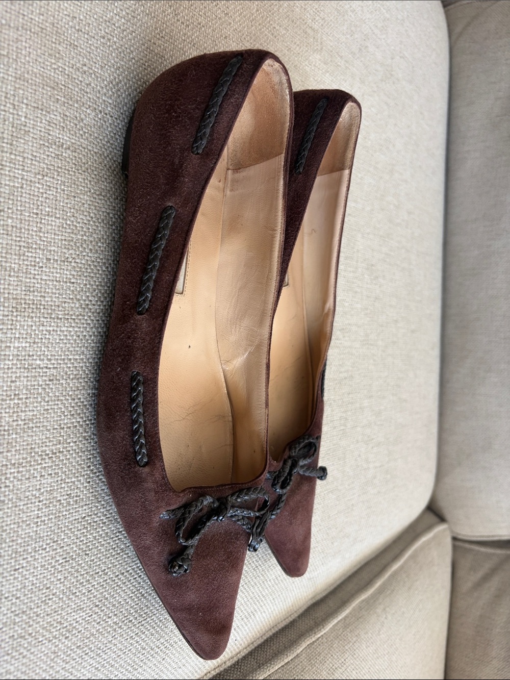 Manolo Blahnik Dark Brown Suede Pointed-Toe Flats with Braided Trim - Picture 5 of 9